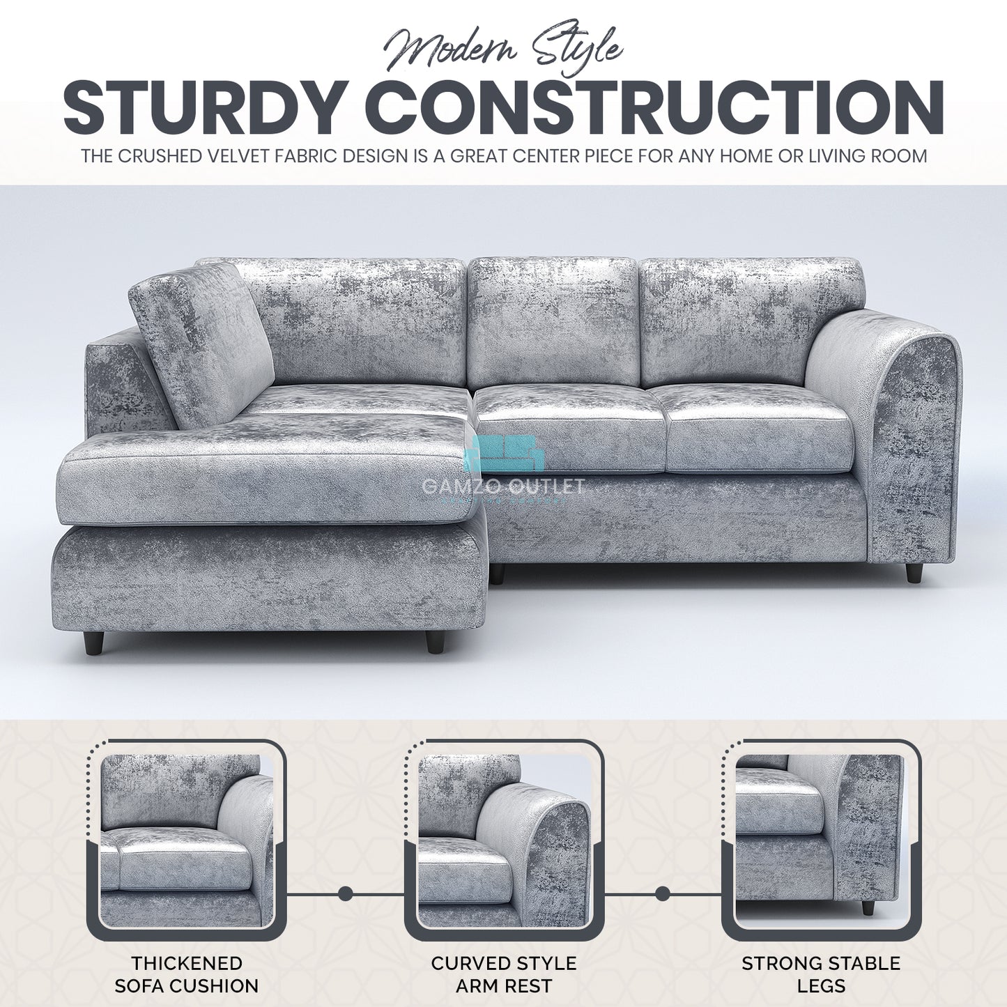 Crushed Velvet Full Back L Shape Sofa