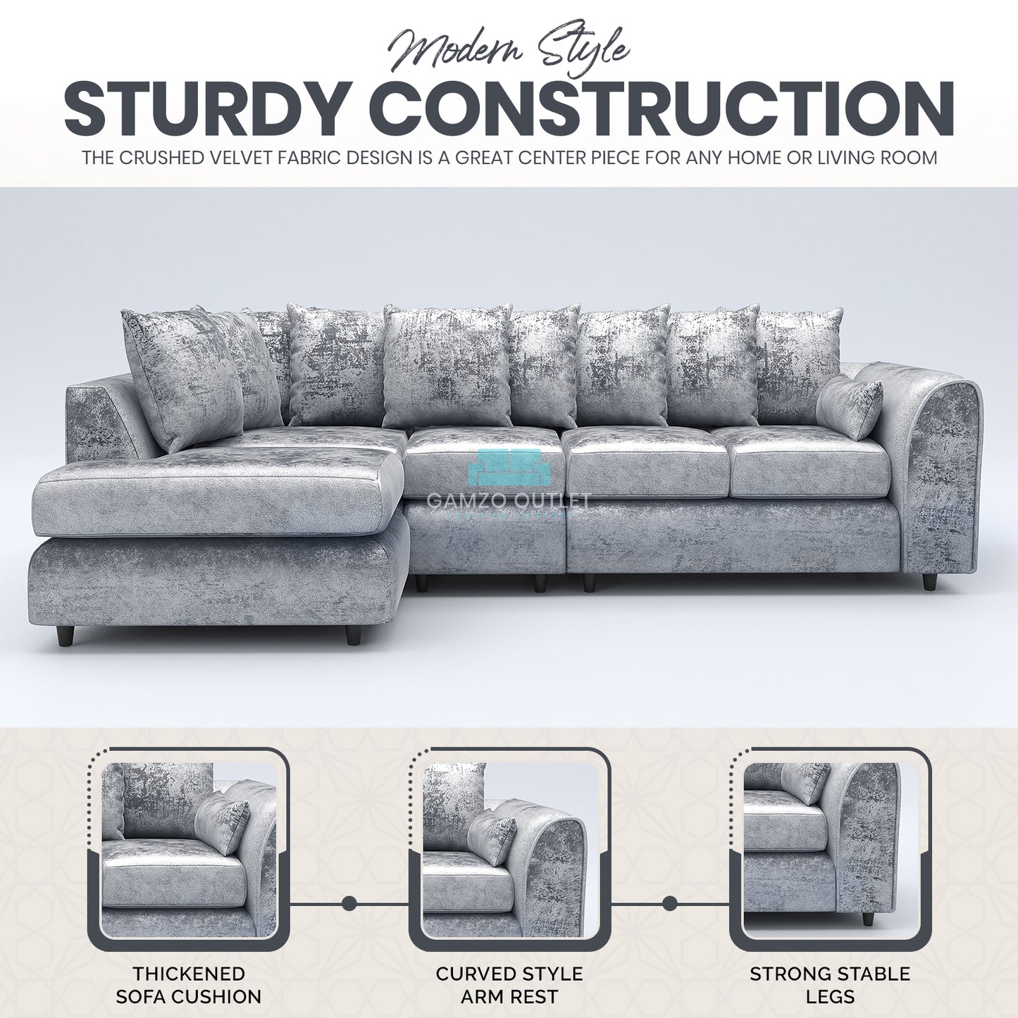Crushed Velvet Scatter Back XL L Shape Sofa