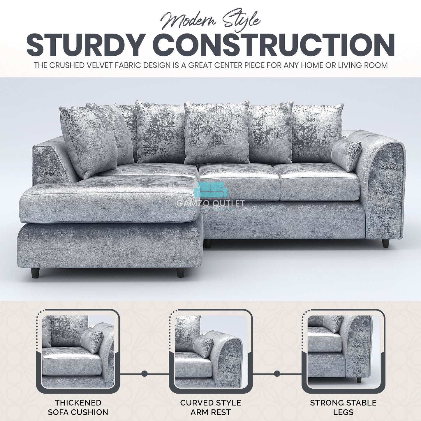 Crushed Velvet Scatter Back L Shape Sofa