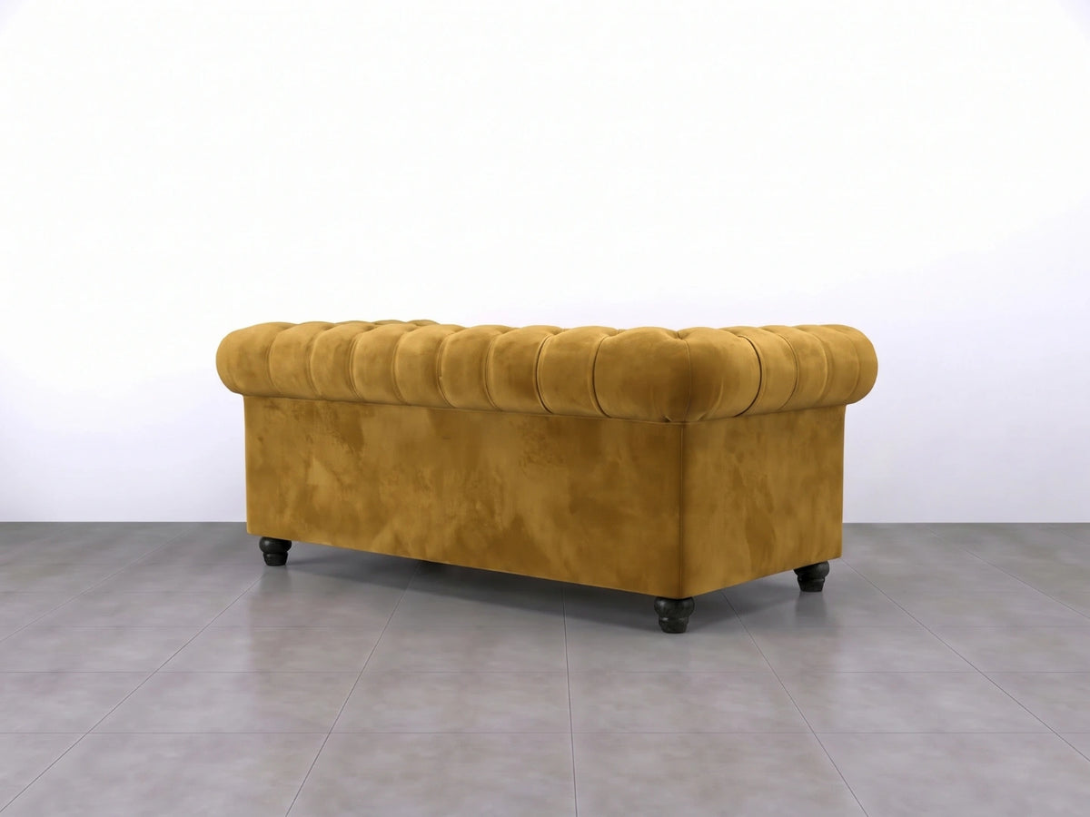 Gamzo Outlet Chesterfield plush velvet fabric sofa set, 2-seater mustard-colored sofa with elegant tufted design and rolled arms.