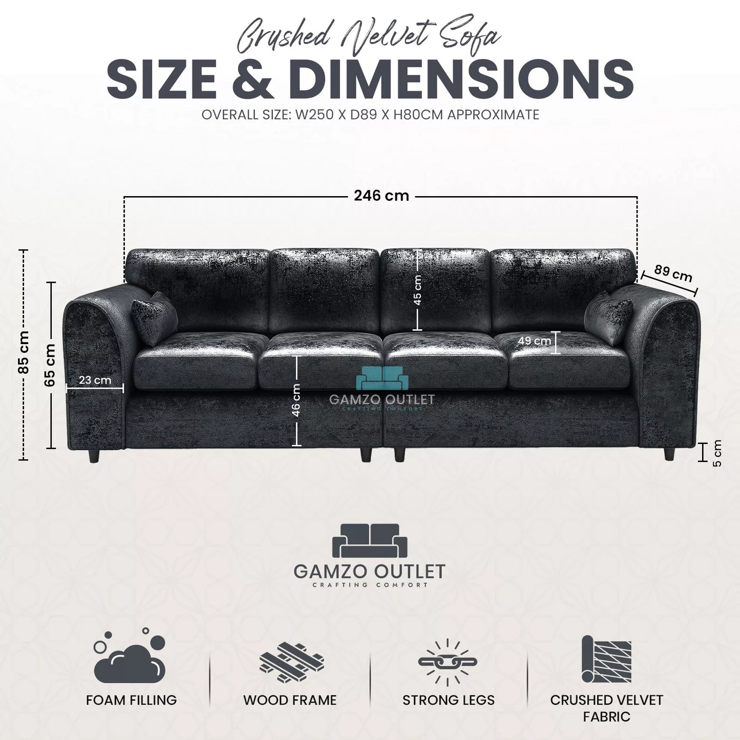 Crushed Velvet 4 Seater Full Back Sofa