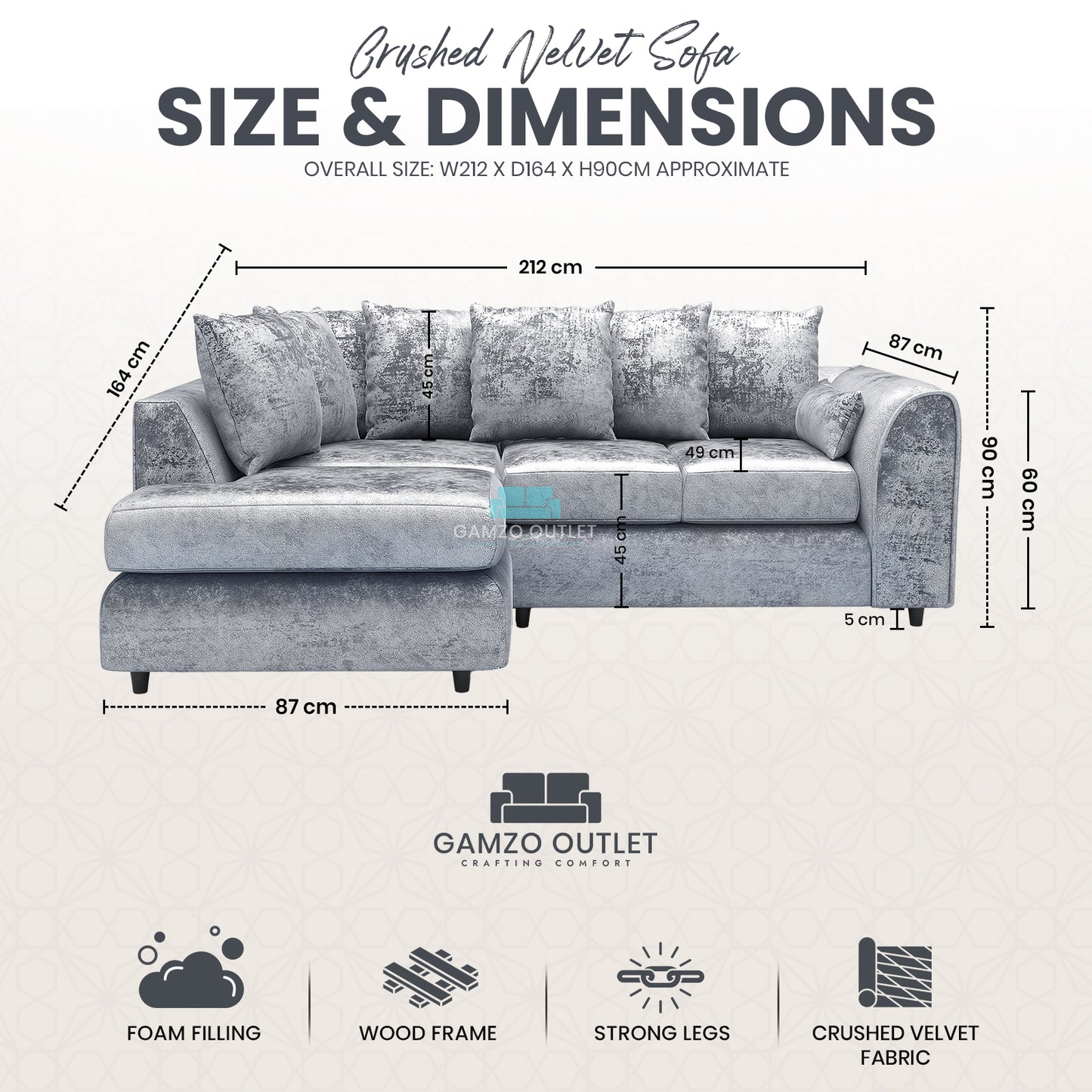Crushed Velvet Scatter Back L Shape Sofa