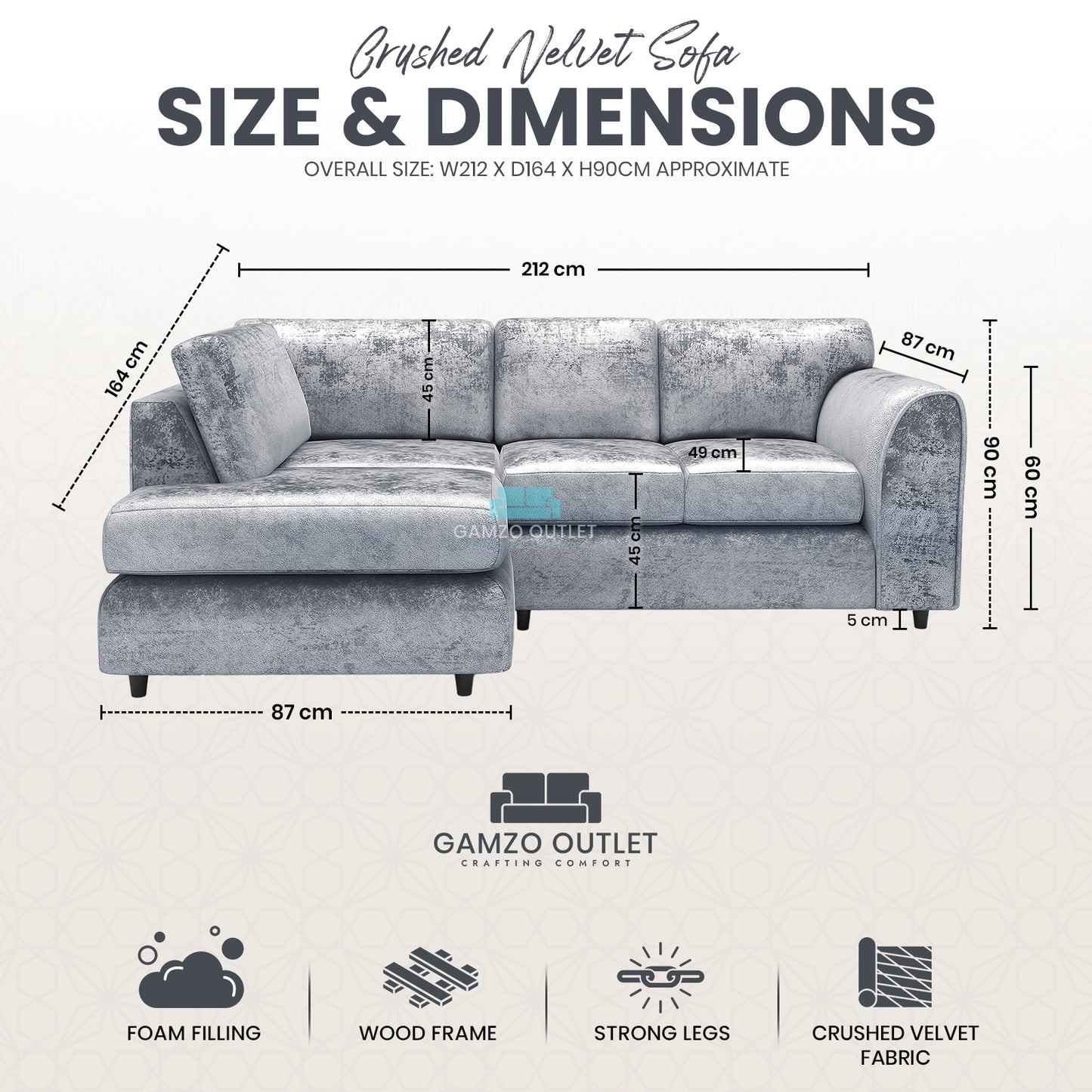 Crushed Velvet Full Back L Shape Sofa