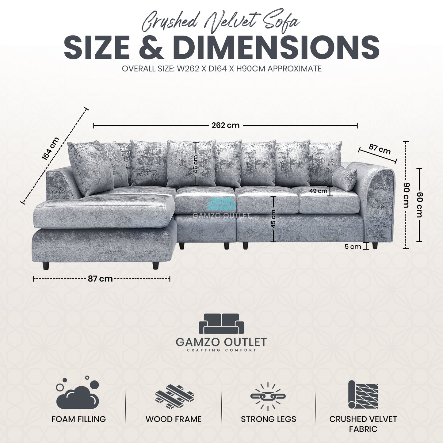 Crushed Velvet Scatter Back XL L Shape Sofa