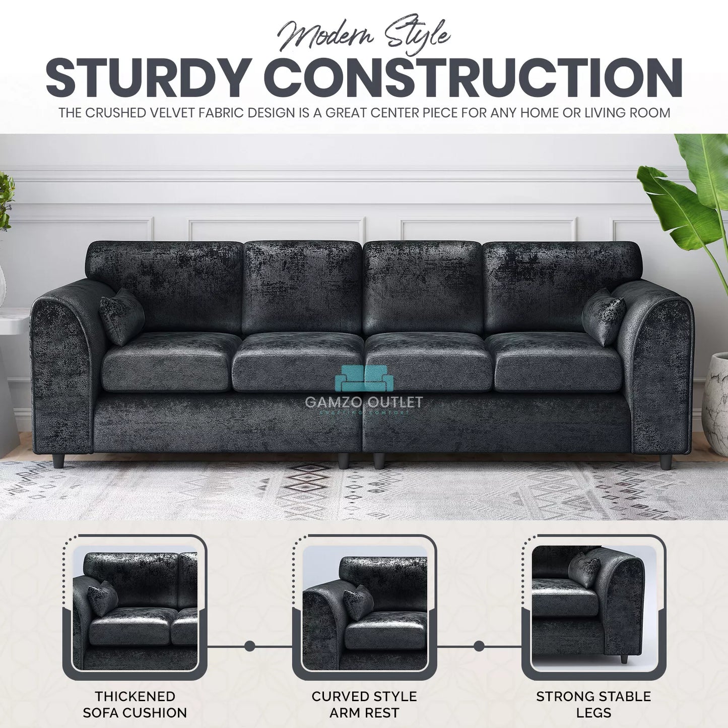 Crushed Velvet 4 Seater Full Back Sofa
