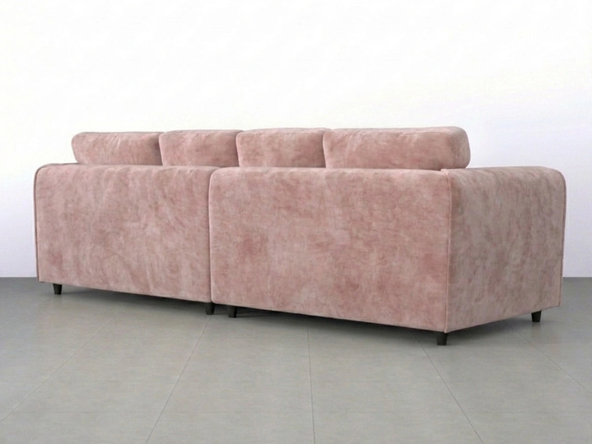 Pink plush velvet 4-seater full back corner sofa by Gamzo Outlet, showing the soft fabric and spacious design.