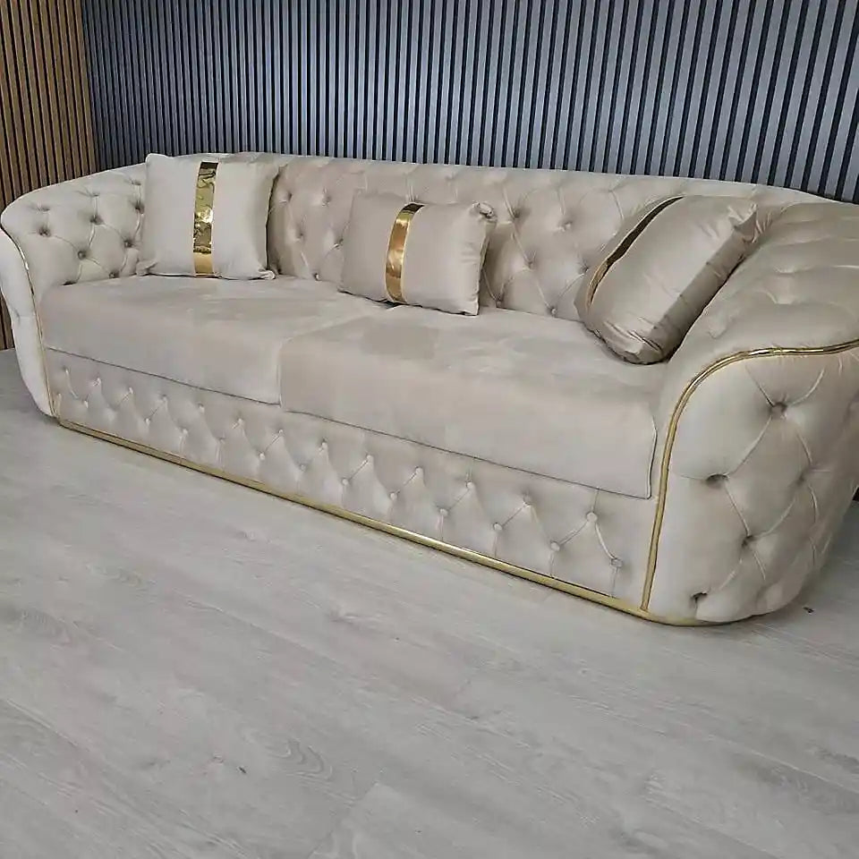 Gamzo Outlet Chesterfield sofa set with silver trim, fabric upholstery, includes 3 and 2-seater sofas with metal accents.