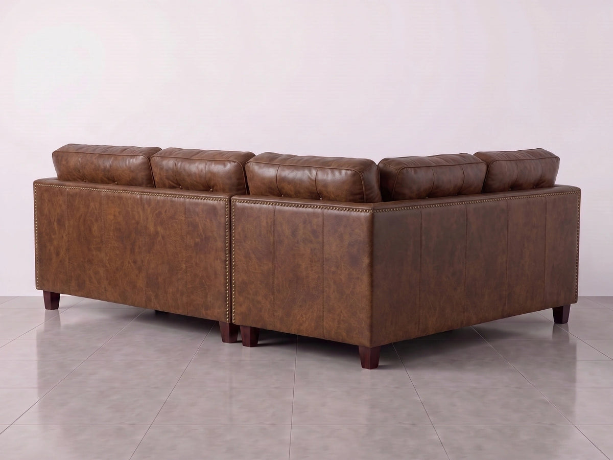 Chocolate brown Oakland full back corner leather sofa from Gamzo Outlet, showing plush cushions and stylish corner design.