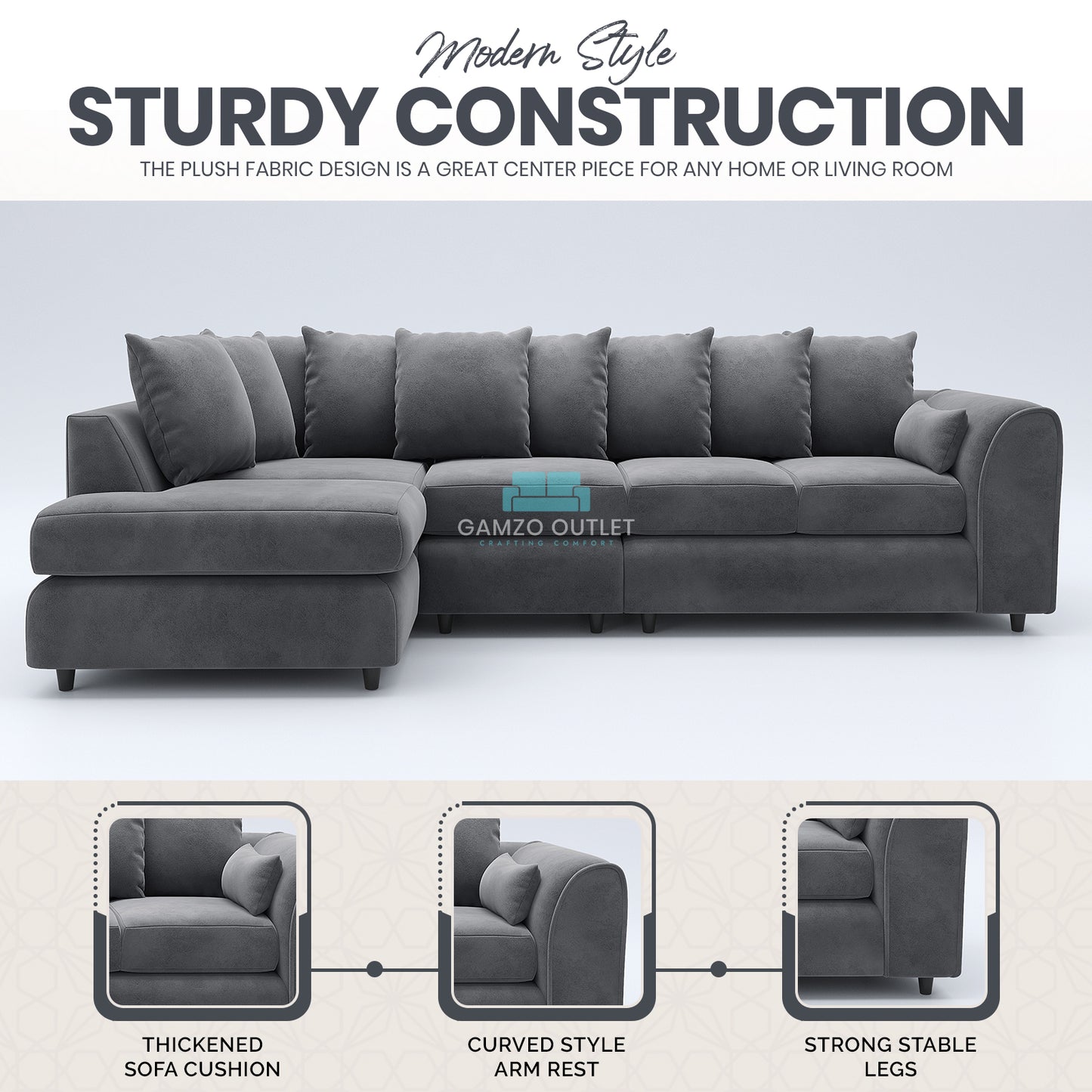 PLUSH VELVET SCATTER BACK XL L SHAPE SOFA