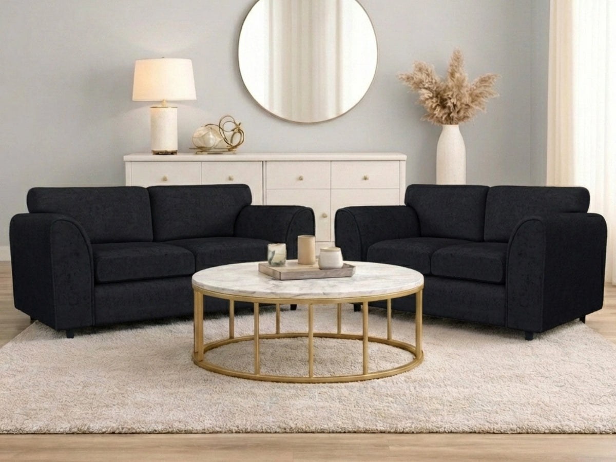 Black Gamzo Outlet Alaska Fabric 2-seater full back sofa set with cushioned back and armrests, modern living room furniture.