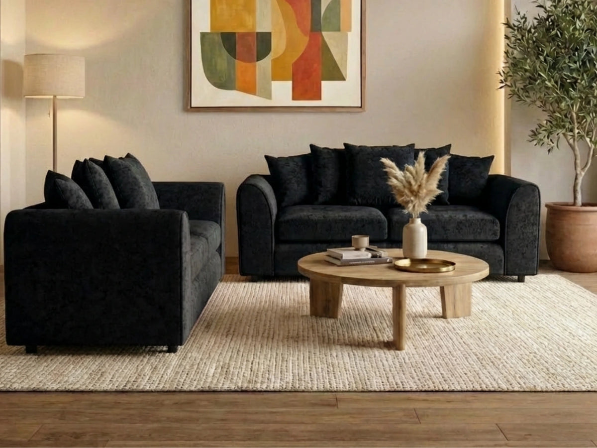 Black 2-seater Alaska fabric scatter back sofa from Gamzo Outlet with plush cushions and modern design.