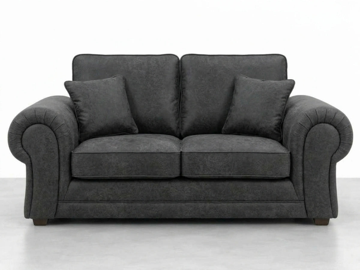 Black leather two-seater sofa from Gamzo Outlet's Wilcot full back sofa set, showcasing plush cushions and sleek design.