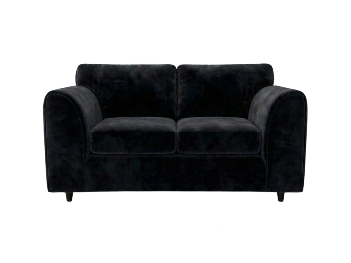 Black plush velvet 2-seater sofa with full back from Gamzo Outlet, showcasing soft fabric and comfortable seating.