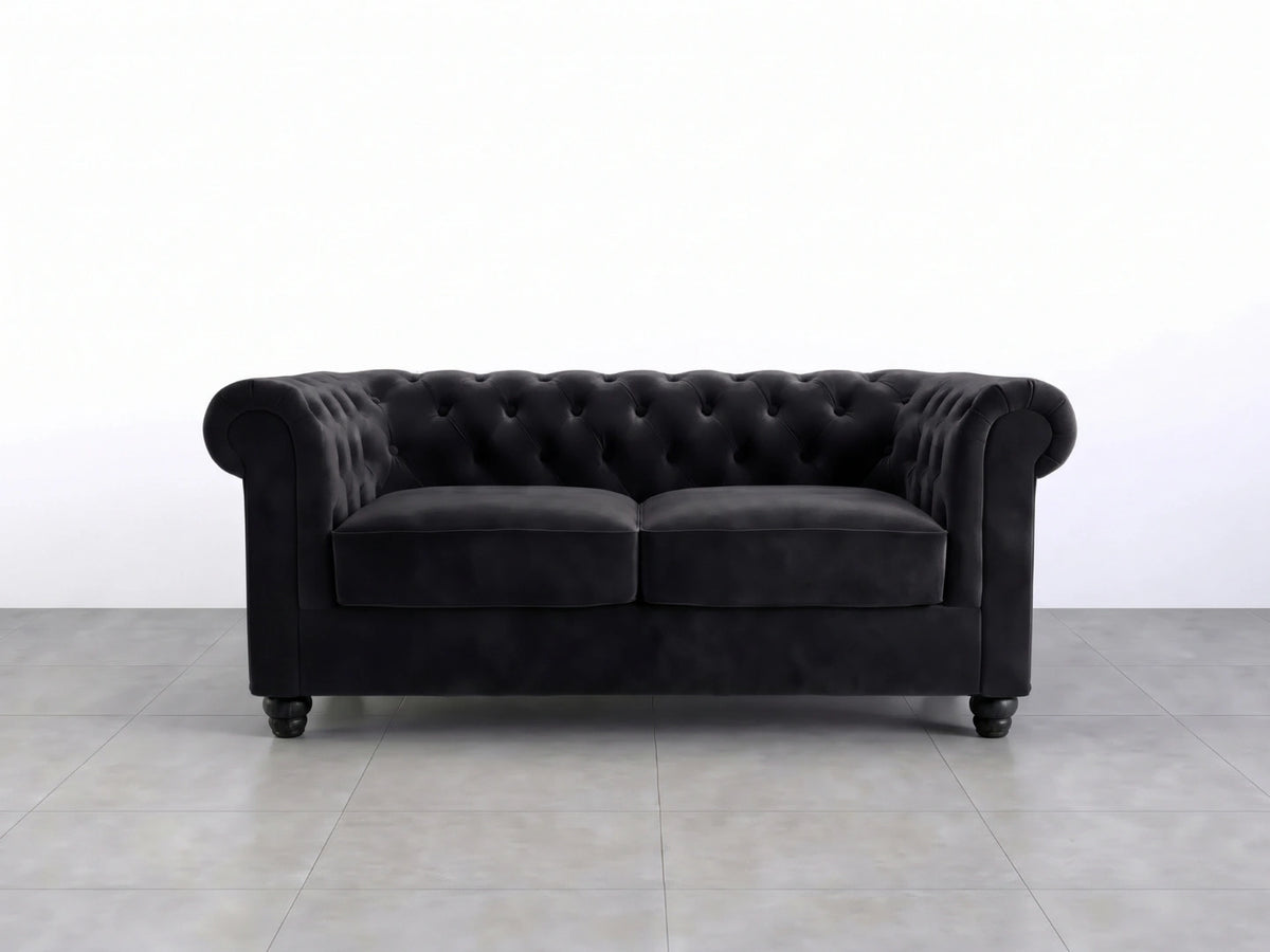 Black 2-seater Chesterfield plush velvet fabric sofa set by Gamzo Outlet, featuring tufted back and rolled arms.