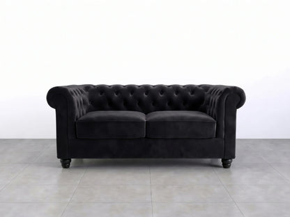 Black 2-seater Chesterfield plush velvet fabric sofa set by Gamzo Outlet, featuring tufted back and rolled arms.