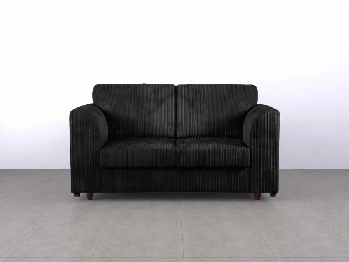 Black Gamzo Outlet 2-seater sofa with full back and jumbo cord upholstery, designed for comfortable seating.
