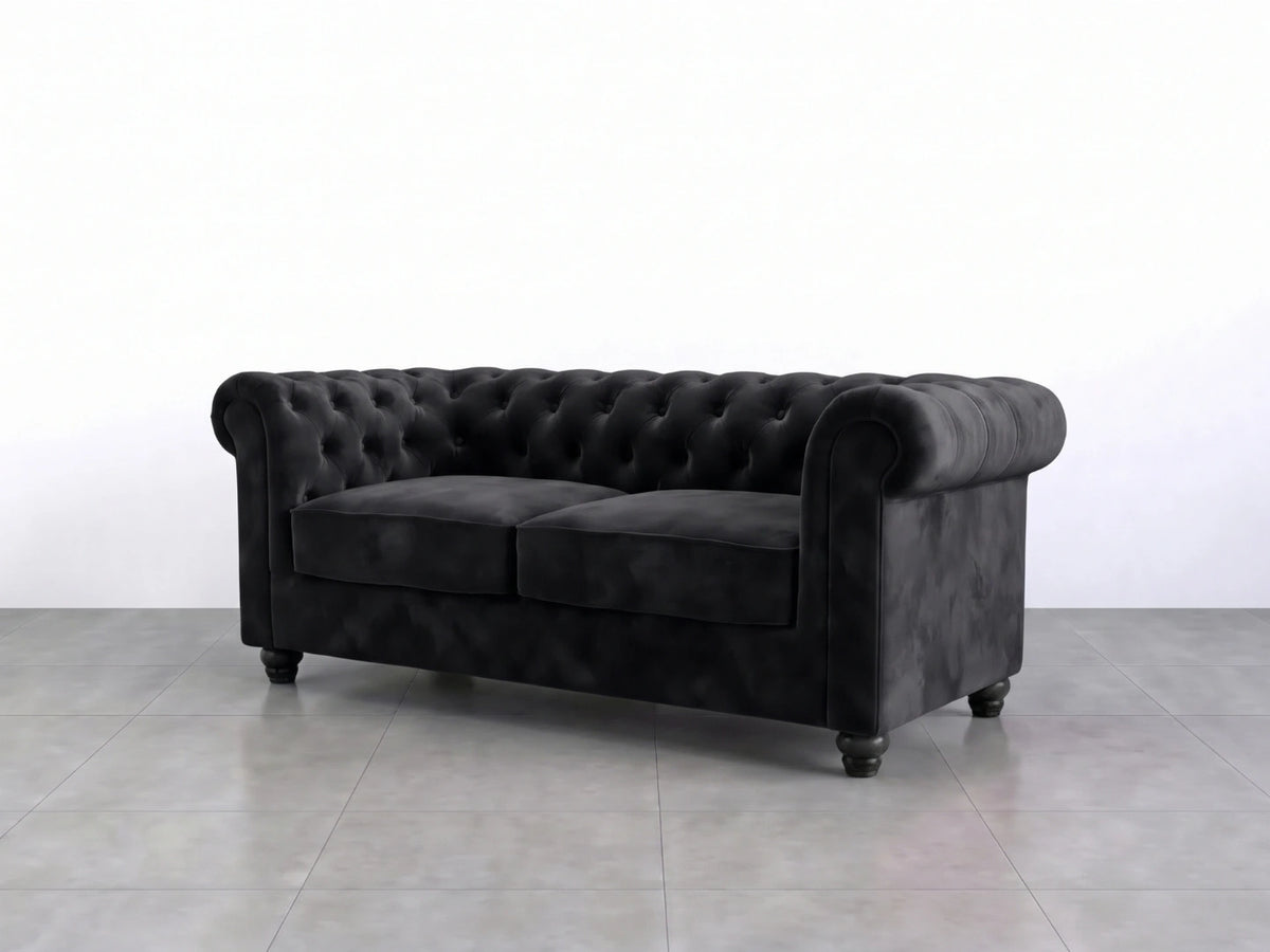 Black plush velvet sofa set with two seats, modern design, from Gamzo Outlet, showcasing soft fabric and sleek style.