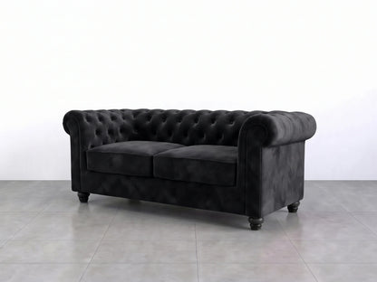 Black plush velvet sofa set with two seats, modern design, from Gamzo Outlet, showcasing soft fabric and sleek style.