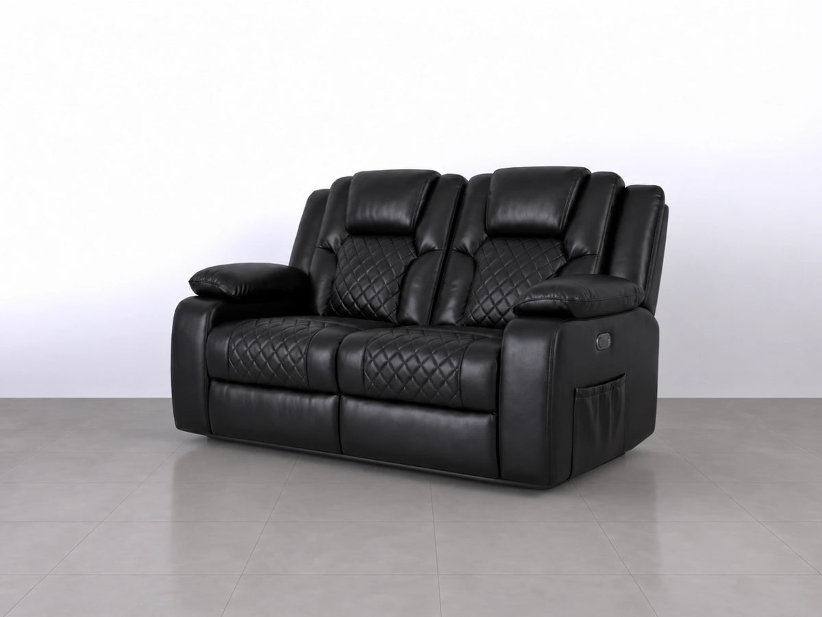 Black Model O electric recliner sofa by Gamzo Outlet, 2-seater with plush cushions and modern design, ideal for living rooms.
