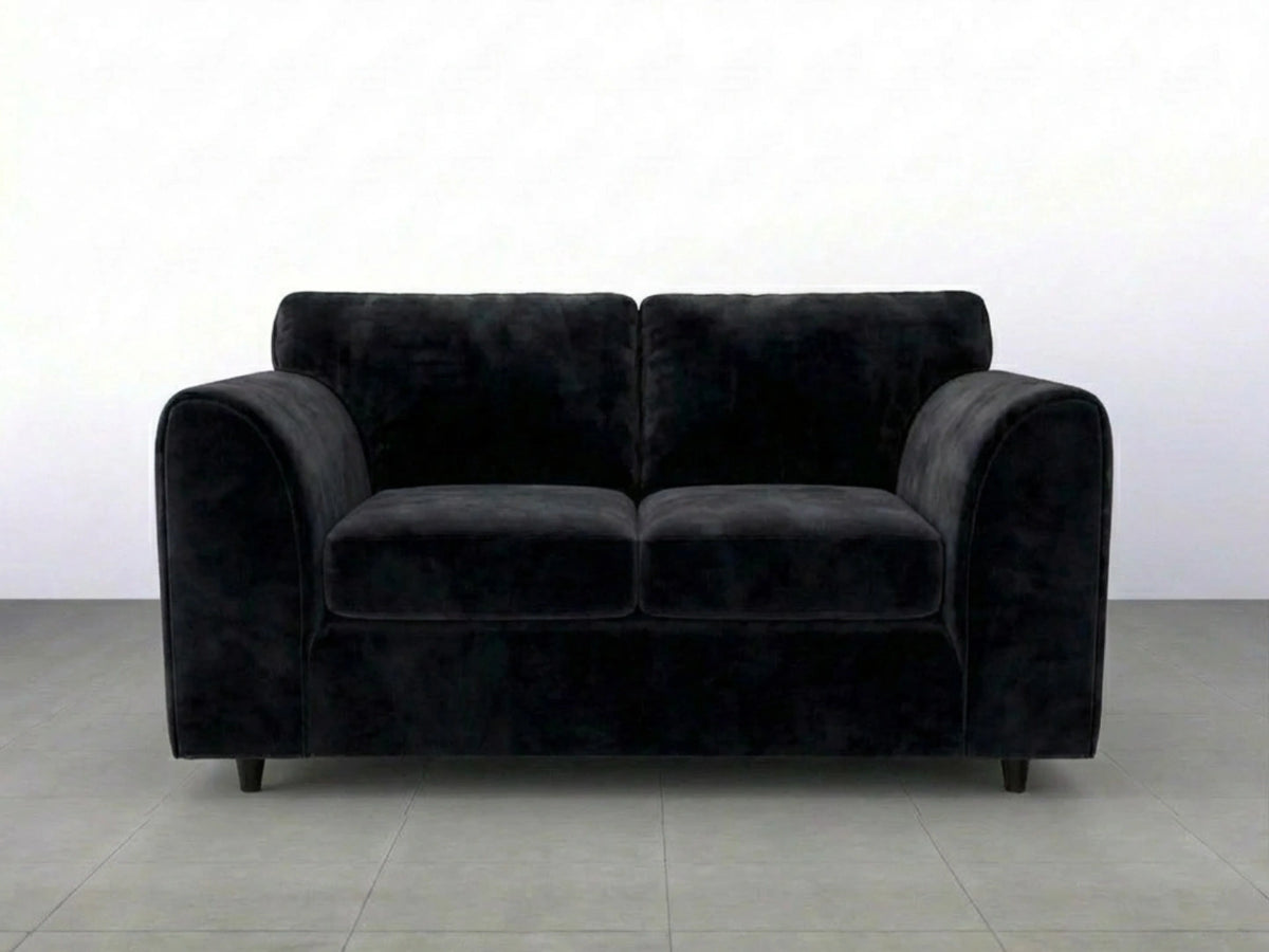 Black plush velvet 2-seater sofa with full back from Gamzo Outlet, showcasing soft fabric and modern design.