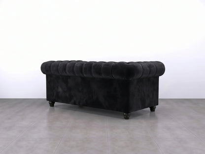 Black Gamzo Outlet Chesterfield plush velvet fabric 2-seater sofa set with tufted back and rolled arms.