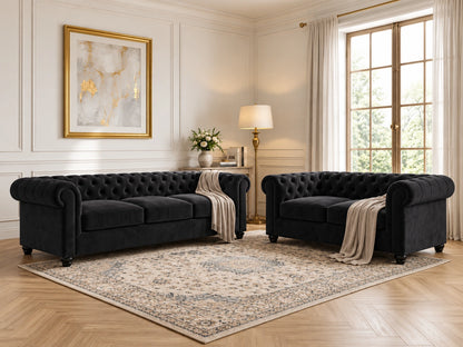 Black 2-seater Chesterfield plush velvet fabric sofa from Gamzo Outlet, showcasing its elegant tufted design and soft texture.