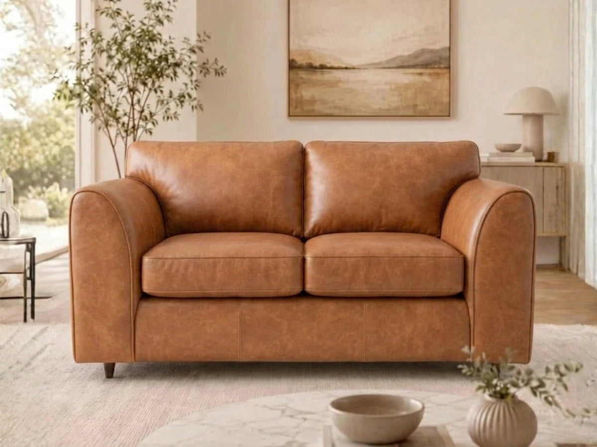 Brown Dillon full back leather sofa set, 2-seater with plush cushions, stylish design, and sturdy frame from Gamzo Outlet.