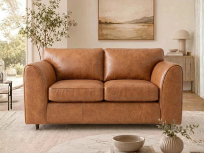Brown Dillon full back leather sofa set, 2-seater with plush cushions, stylish design, and sturdy frame from Gamzo Outlet.