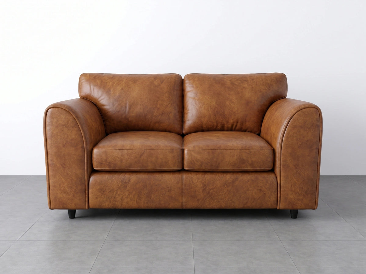 Gamzo Outlet Dillon full back leather sofa set, 2-seater brown leather sofa with plush cushions and wooden legs.