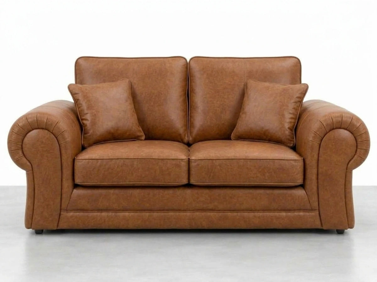 Brown leather 2-seater sofa from Gamzo Outlet's Wilcot full back leather sofa set, showcasing plush cushions and elegant design.