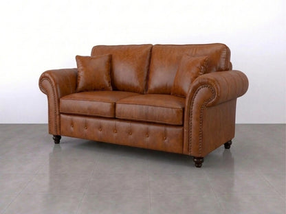 Brown leather Oakland full back 2-seater sofa by Gamzo Outlet, showing plush cushioned seating and sturdy wooden legs.