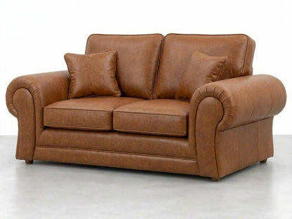 Brown Wilcot full back leather sofa set with two seats, featuring plush cushions and sleek design, by Gamzo Outlet.