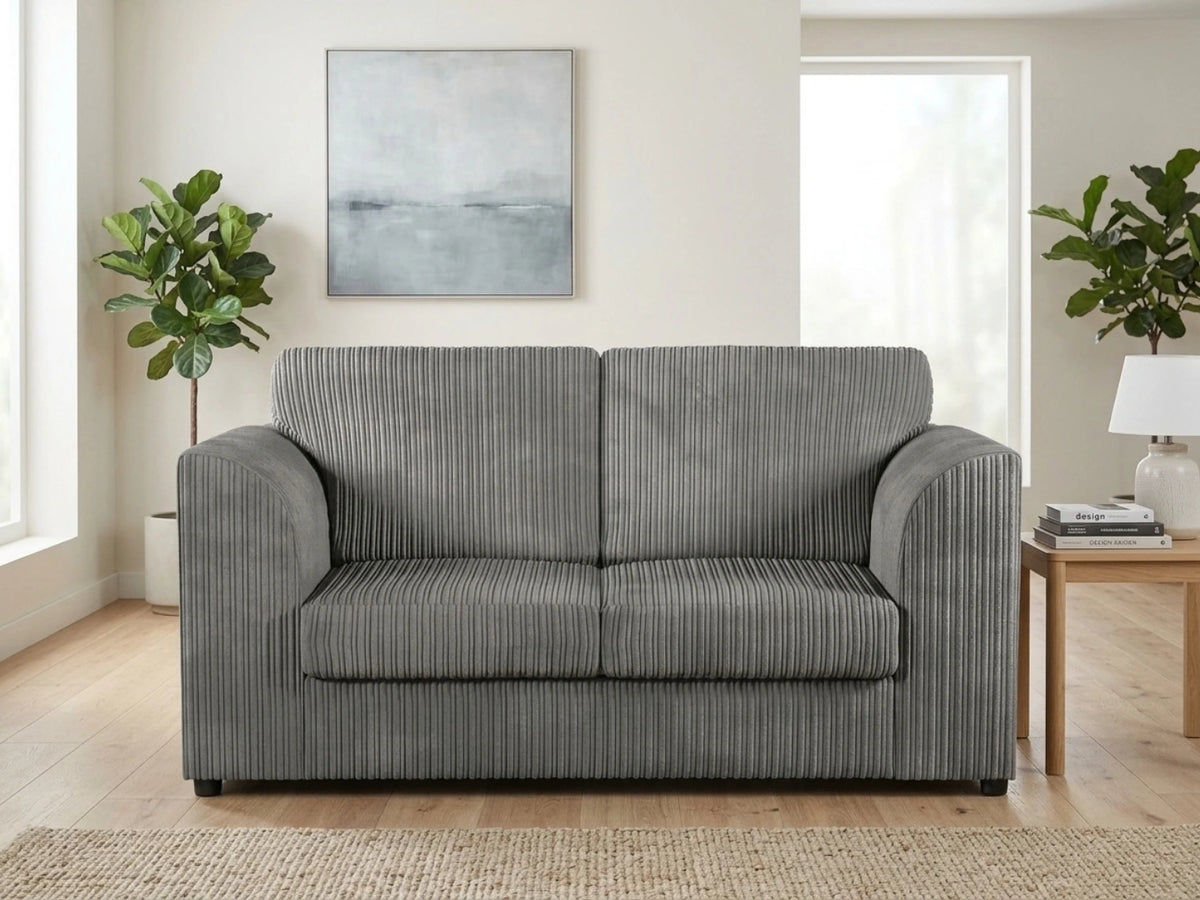 Charcoal grey Gamzo Outlet 2-seater sofa with full back and jumbo cord upholstery, ideal for modern living rooms.