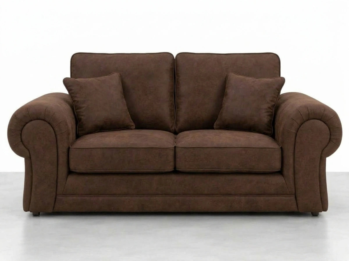 Chocolate brown leather 2-seater sofa from the Wilcot full back leather sofa set by Gamzo Outlet, showing plush cushions and armrests.