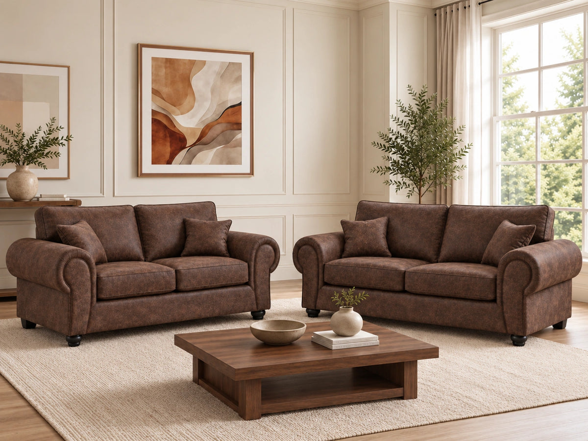 Chocolate brown 2-seater leather sofa from Gamzo Outlet's Wilcot full back sofa set, featuring plush cushioning and sleek design.