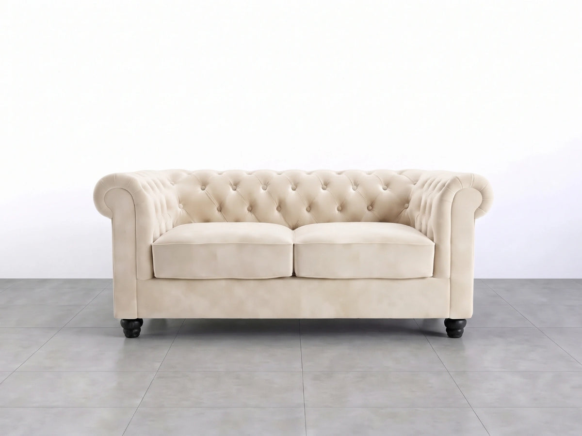 Cream plush velvet sofa set with two seats, modern design, featuring smooth fabric and comfortable cushions by Gamzo Outlet.