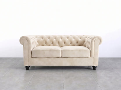 Cream plush velvet sofa set with two seats, modern design, featuring smooth fabric and comfortable cushions by Gamzo Outlet.