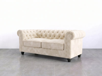 Cream plush velvet Chesterfield sofa set, two-seater with tufted design, by Gamzo Outlet, showcasing elegant and comfortable seating.