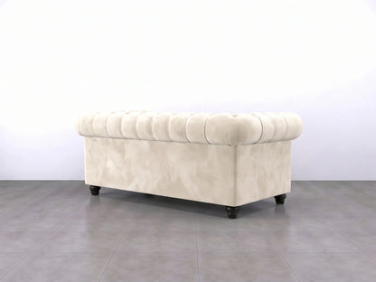 Cream plush velvet sofa set with a two-seater design, featuring elegant tufted details and a comfortable, luxurious appearance.