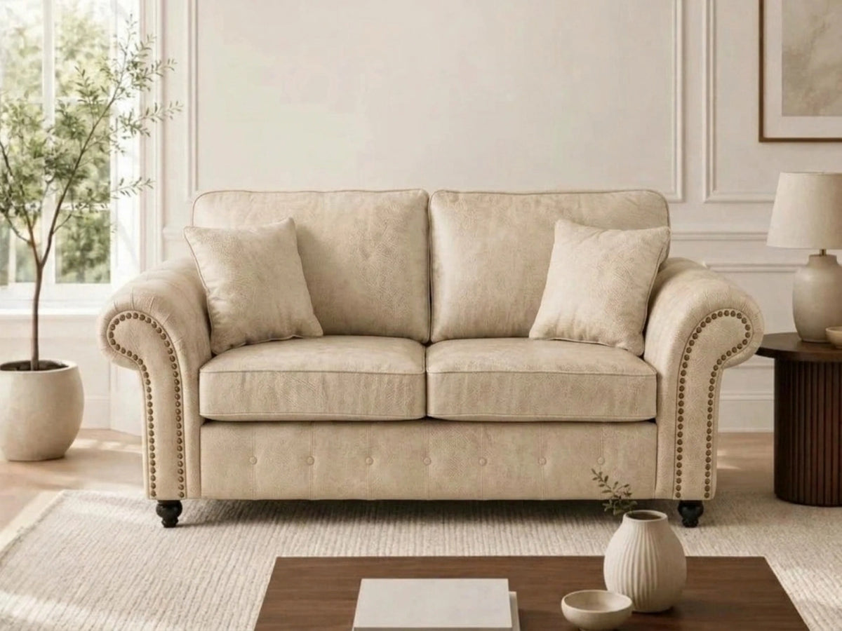 Cream Gamzo Outlet Oakland full back 2-seater leather sofa with plush cushions and sleek design, ideal for modern living rooms.