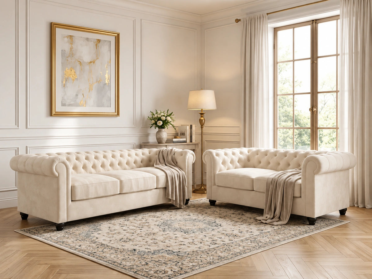 Cream plush velvet fabric 2-seater sofa from Gamzo Outlet Chesterfield sofa set, featuring a classic tufted design and elegant style.
