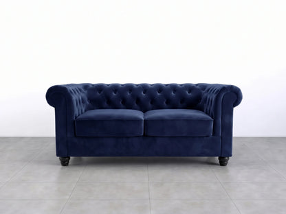 Midnight blue Chesterfield plush velvet fabric sofa set, two-seater with tufted design and elegant rolled arms.