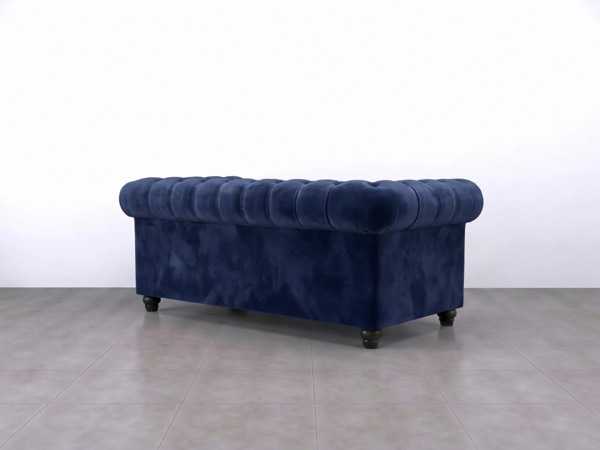 Midnight blue Chesterfield plush velvet fabric sofa set, 2-seater with tufted back and rolled arms, modern and elegant design.