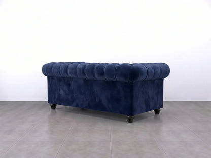 Midnight blue Chesterfield plush velvet fabric sofa set, 2-seater with tufted back and rolled arms, modern and elegant design.