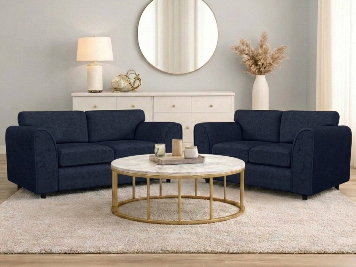 Midnight blue Gamzo Outlet Alaska Fabric 2-seater sofa with full back design, stylish and comfortable for modern living rooms.