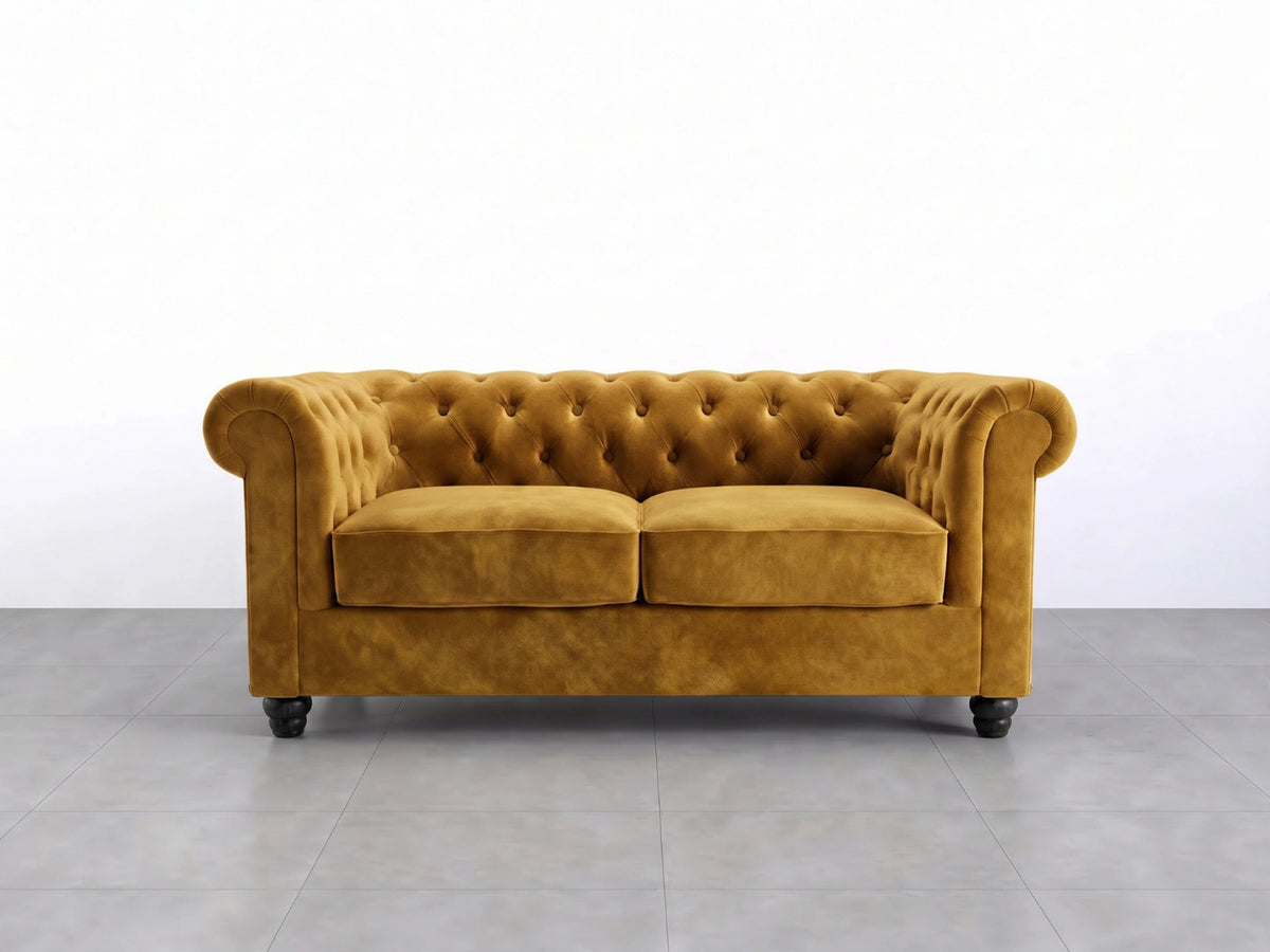Gamzo Outlet plush velvet sofa set, mustard 2-seater with elegant design, showcasing soft fabric and comfortable seating.