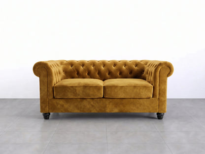 Gamzo Outlet plush velvet sofa set, mustard 2-seater with elegant design, showcasing soft fabric and comfortable seating.