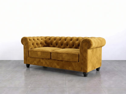 Gamzo Outlet plush velvet Chesterfield sofa set in mustard yellow, featuring a 2-seater design with tufted back and rolled arms.
