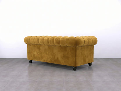 Gamzo Outlet Chesterfield plush velvet fabric sofa set, 2-seater mustard-colored sofa with elegant tufted design and rolled arms.