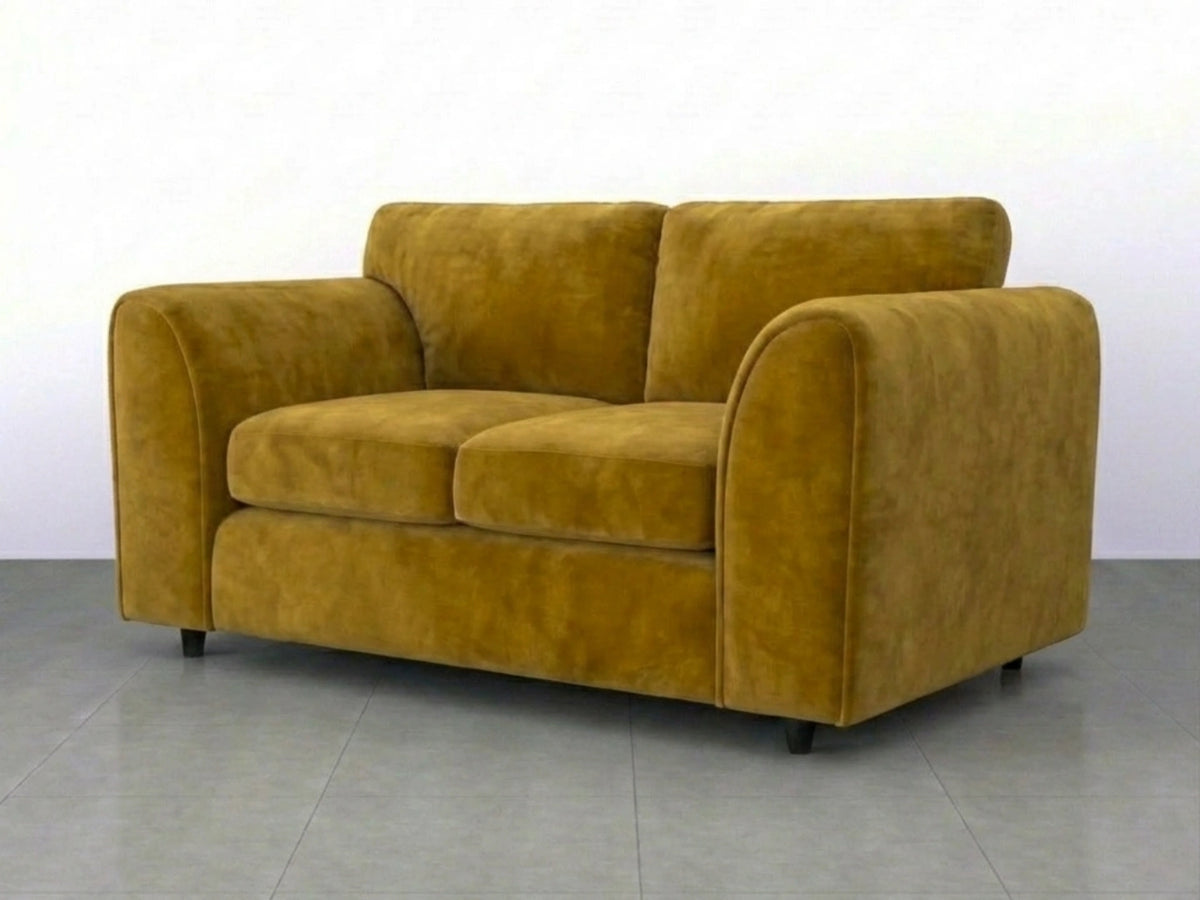 Comfortable plush velvet 2-seater sofa with full back in mustard color by Gamzo Outlet, perfect for cozy living spaces.